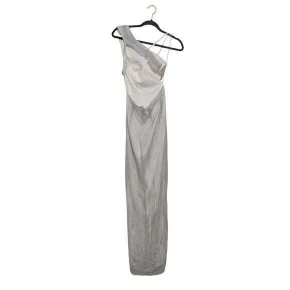 Aidan Mattox Silver Metallic One Shoulder Dress Formal Ruched Maxi Slimming Prom - Picture 5 of 9